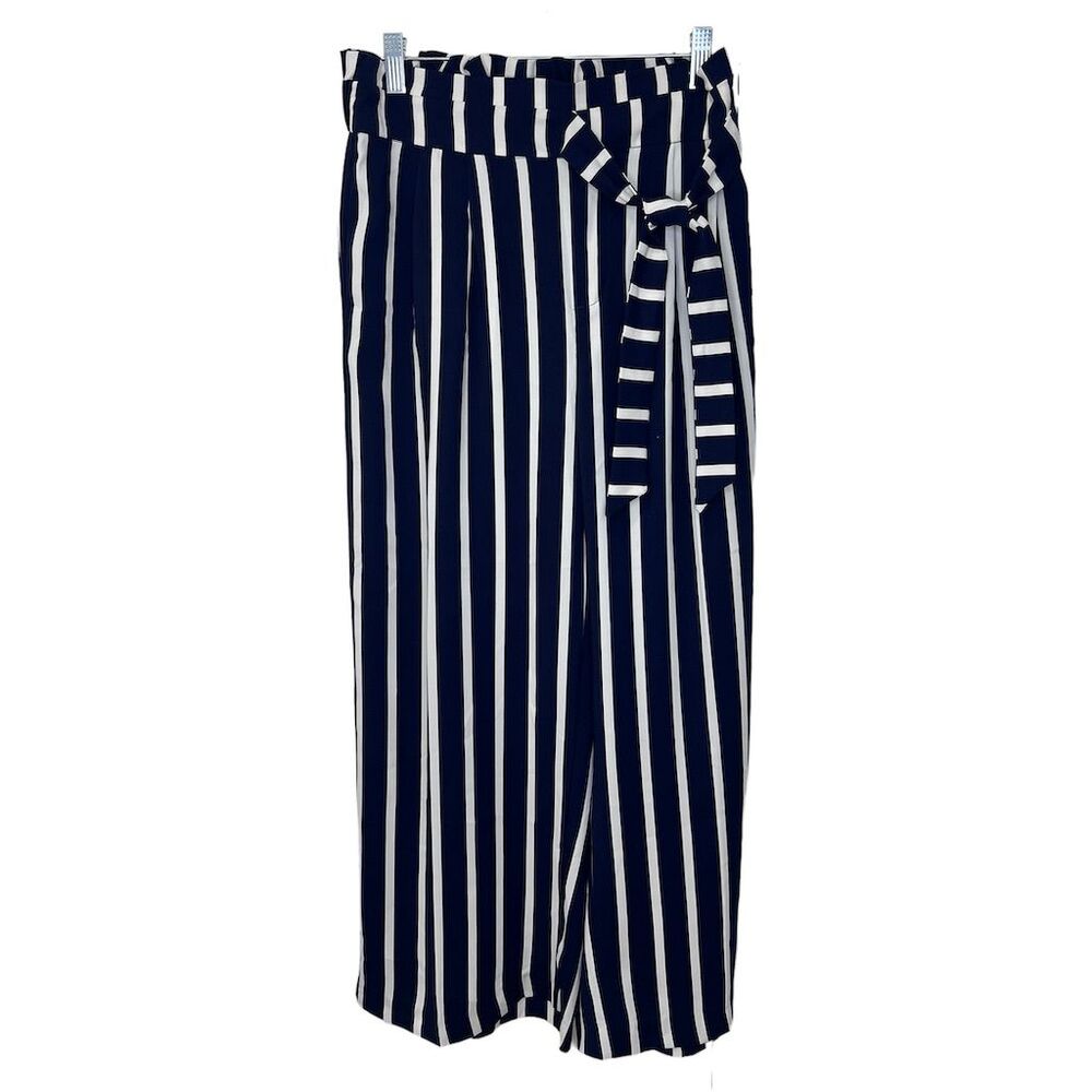 Philosophy Women's Navy & White Striped Wide-Leg Pants Size M Elastic Waist